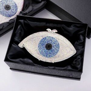 Silver & Blue Crystal Rhinestone Evil Eye Evening Clutch Bag